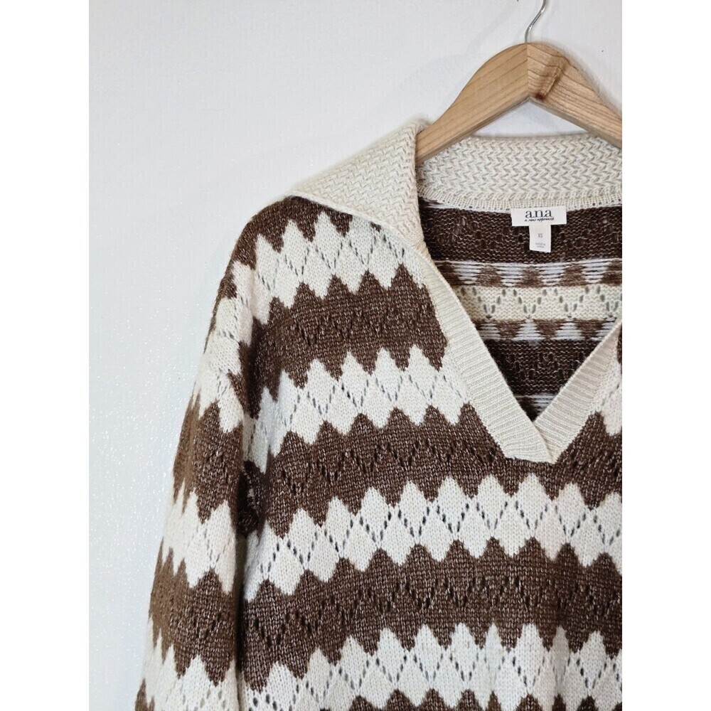 ANA A New Approach Chevron Sweater Womens XS Brown Cream Collared V Neck Knit - Picture 4 of 11